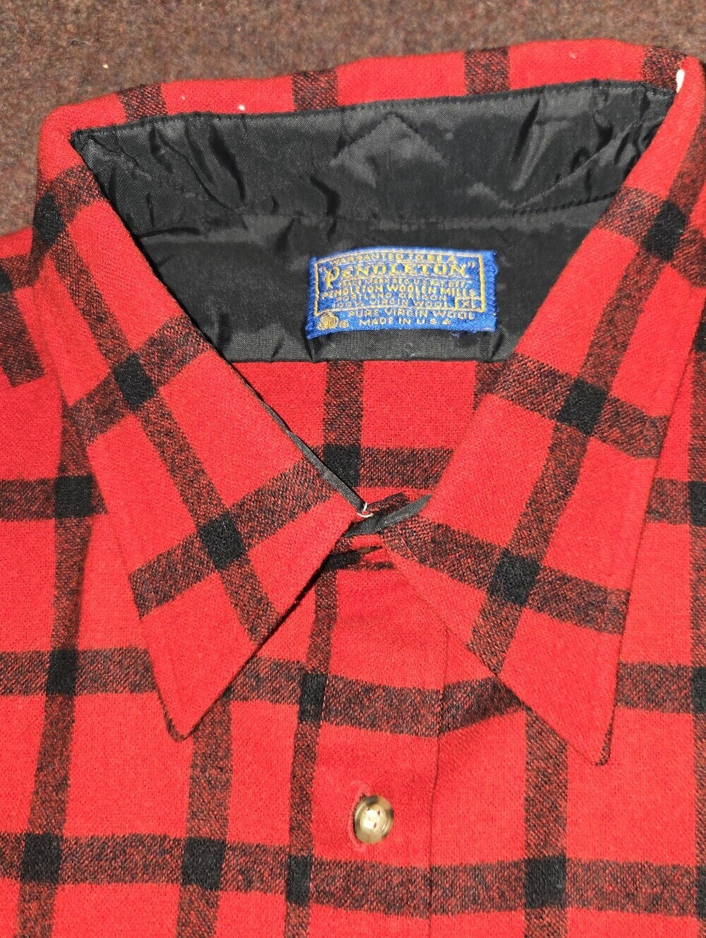 90s Buffalo Check Pendleton Red & Black Wool Small Holes Inside Neck Size XL